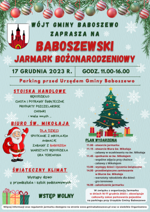 Plakat zapraszający na Baboszewoski Jarmark Bożonarodzeniowy, treść tekstowa plakatu dostępna jest w treści strony, na...