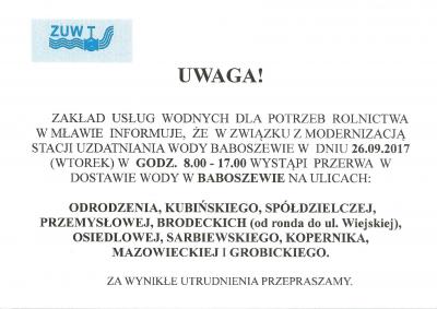 Informacja - Przerwa w dostawie wody w Baboszewie w dniu 26.09.2017 r.