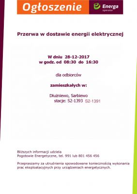 Powiadomienia o wyłączeniu na sieci elektroenergetycznej dla miejscowości położonych na terenie gm. Baboszewo