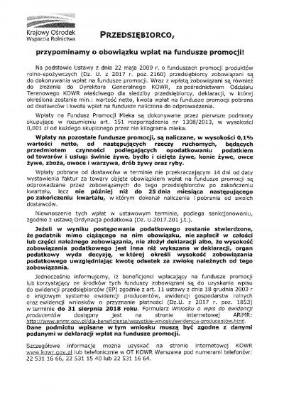 Informacja dla przedsiębiorców zobowiązanych do wpłat na fundusze promocji