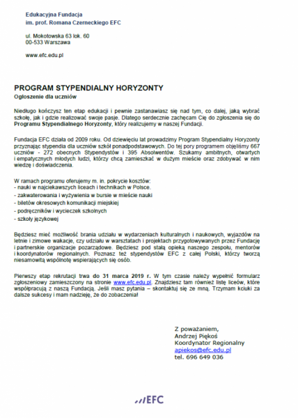 Program stypendialny Horyzonty Fundacji EFC