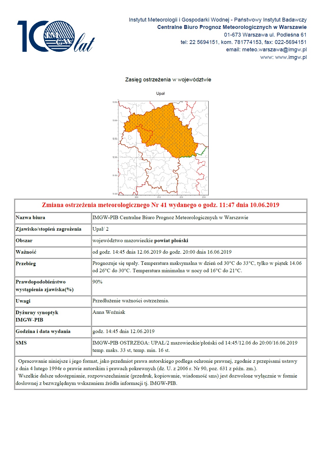 Zmiana ostrzeżenia meteorologicznego