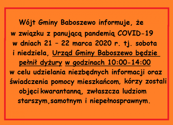 Informacja o dyżurach w Urzędzie Gminy Baboszewo