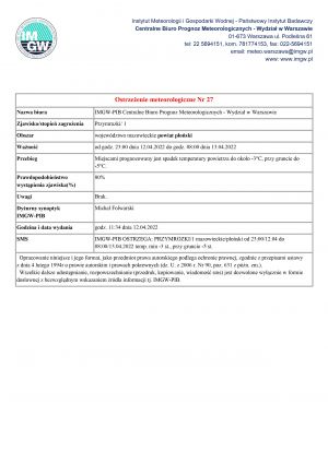 Ostrzeżenie meteorologiczne Nr 27