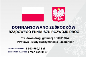 Plakat - Wykaz osiągniętych elementów rzeczowych zadania pn. „Budowa drogi gminnej Nr 300173W Pawłowo - Budy Radzymińskie -...