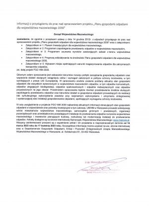 Informacja o przystąpieniu do prac nad opracowaniem projektu "Planu gospodarki odpadami dla województwa mazowieckiego 2030".