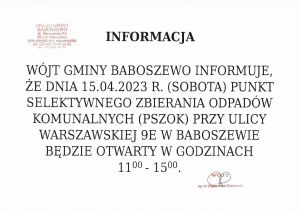 Informacja Wójta Gminy Baboszewo o godzinach otwarcia PSZOK
