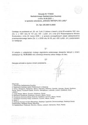 Decyzja Nr 18.2023  Nadleśniczego Nadleśnictwa Ciechanów  z dnia 15.06.2023 r. 