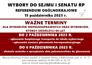 Napis Wybory do Sejmu RP i Senatu RP oraz Referendum Ogólnokrajowe 15 października 2023 r. w tle na czerwono napis Ważne...