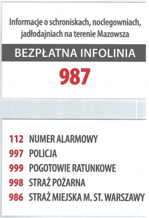 Na białym tle widnieją numery alarmowe 112 numer alarmowy, 997 Policja, 999 Pogotowanie Ratunkowe, 998 Straż Pożarna, 986...
