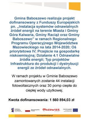 Gmina Baboszewo realizuje projekt dofinansowany z Funduszy Europejskich pn. „Instalacja systemów odnawialnych źródeł...